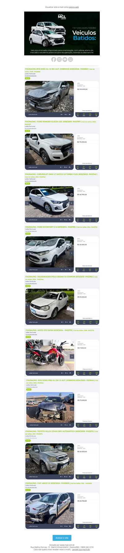 Leilão de Veiculos Batidos/Sucatas no dia 18/0 ás 13h!