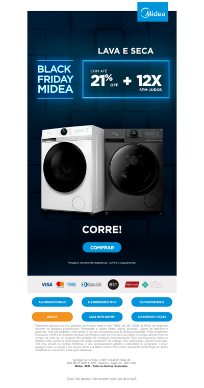 Black Midea 🖤 Lava e Seca com até 21% OFF + 12x sem juros!