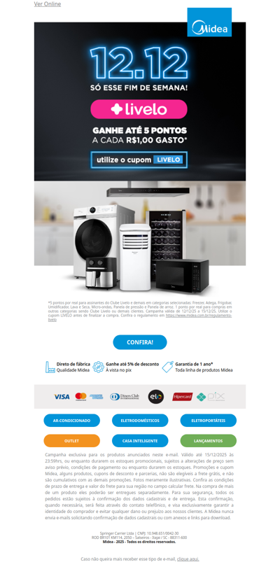 Começou o 12.12 Midea: Até 5 pontos por R$1 com Livelo! 🤩