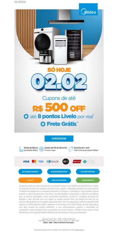 É hoje: 02/02 com pontos extras Livelo na Midea ✨