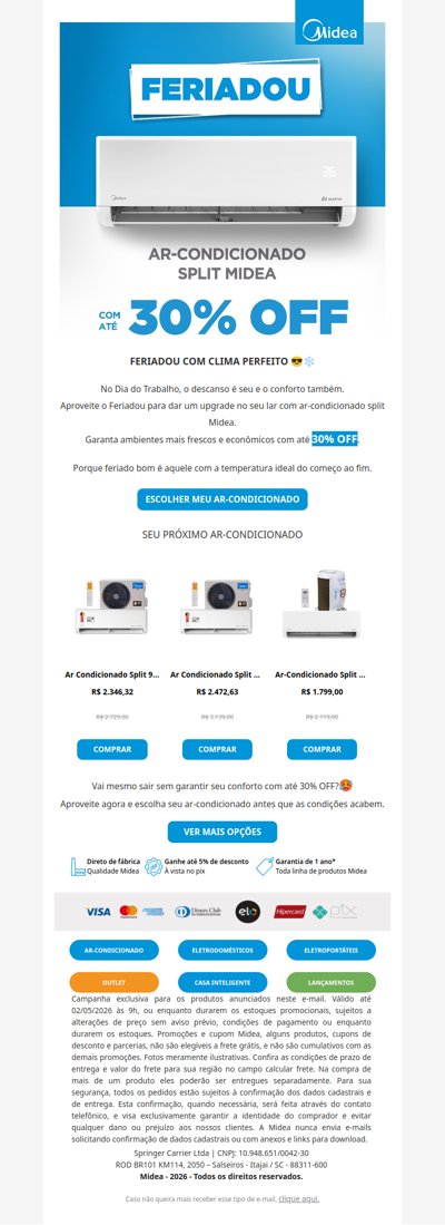 Feriadou com até 30% OFF no Ar-Condicionado 🥵❄️
