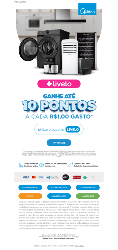 Midea + Livelo: até 10 pontos por R$1 💥