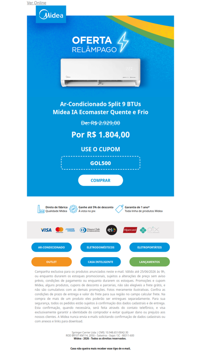 Oferta Relâmpago: R$500OFF no ar condicionado ⚡