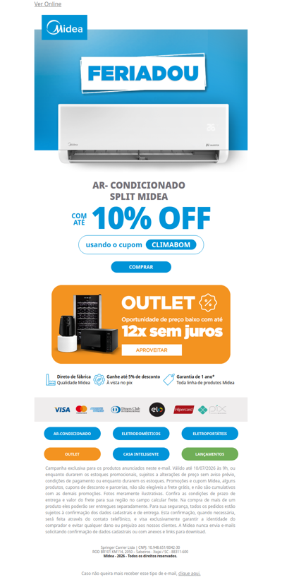 🎉 Seu feriado merece Ar-Condicionado Midea com 10% OFF