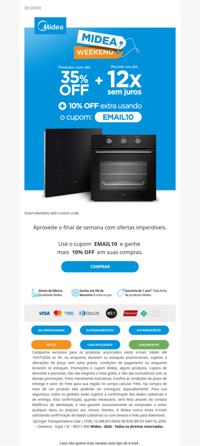 🔥 Midea Weekend: até 35% OFF + 10% OFF extra neste e-mail