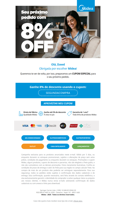 Seu novo produto Midea rendeu um cupom exclusivo! 🎉