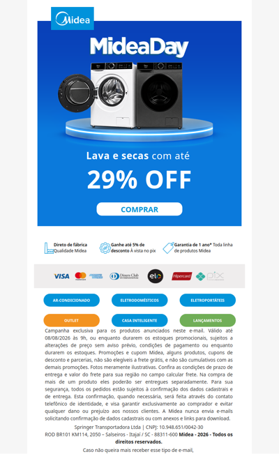 Midea Day: Lava e Seca com até 29% OFF 🧼