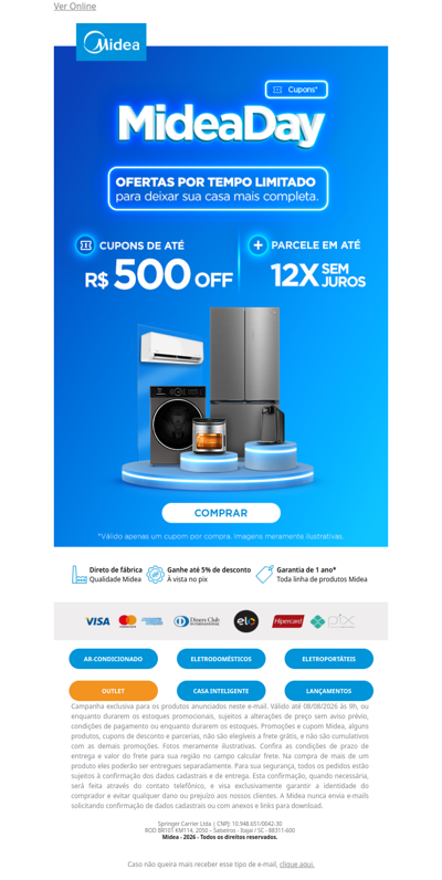 🎟️ Midea Day: cupons de até R$ 500 OFF te esperam!