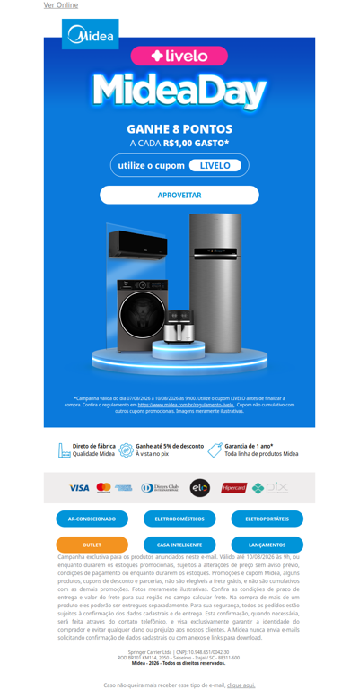 Midea Day + Livelo: ganhe 8 pontos por real gasto⭐️