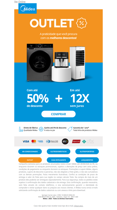 🔥 OUTLET Midea: até 50% OFF + 12x sem juros!