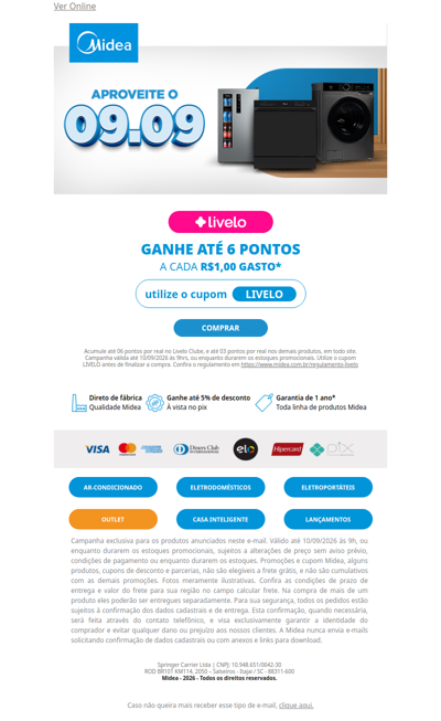 🎯 09/09: até 6 pontos Livelo por R$1 gasto