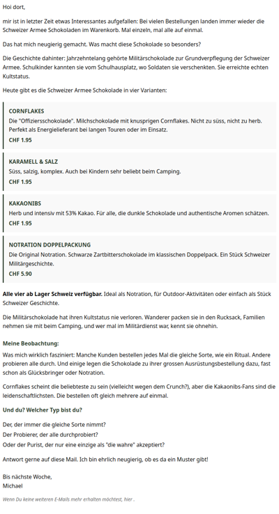 Cornflakes, Karamell, Kakaonibs oder doch die Notration?