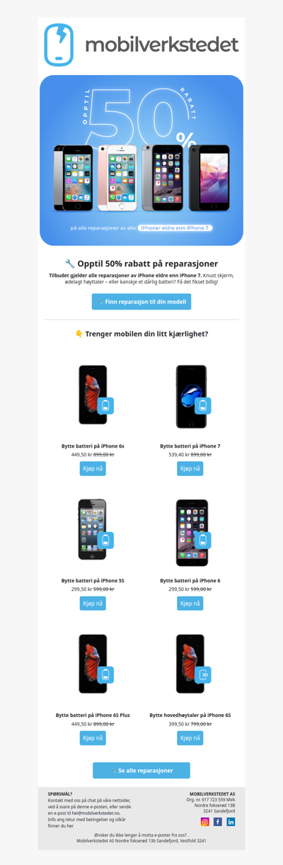 🔧 Opptil 50% rabatt på iPhone reperasjoner (gjelder modeller eldre enn iPhone 7)