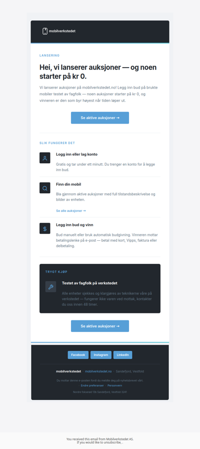 Hei, vi lanserer auksjoner — noen starter på kr 0