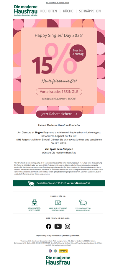 Es sind noch Singles Days! 💝 Sichern Sie sich 15 % Rabatt!