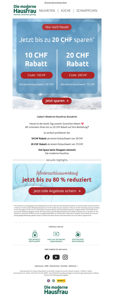 💖 Spare bis zu 20 CHF - nur noch heute!