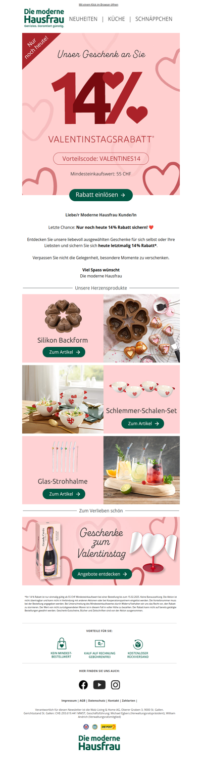 Nur noch heute: 14% Valentinstags-Rabatt ❤