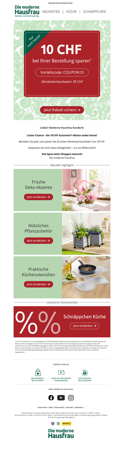 Nur noch heute: 10 CHF Gutschein auf Ihre Bestellung 💚