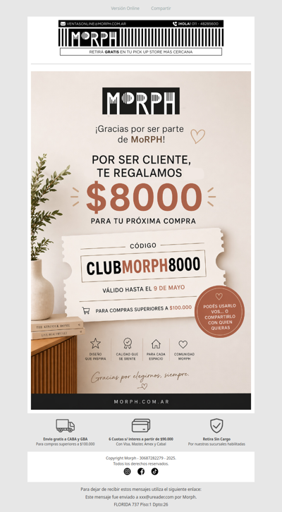 Gracias por ser parte de MoRPH! Te regalamos $8000 para tu próxima compra 🛍️