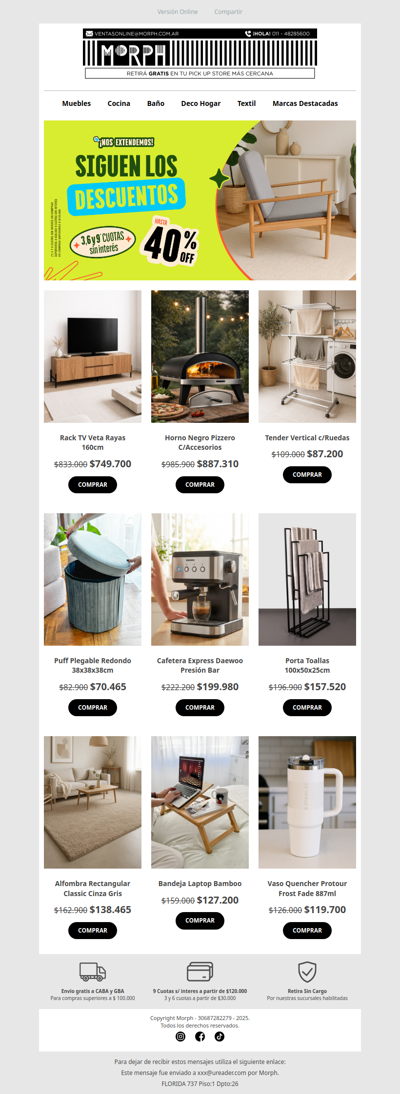 🔥 ¡ÚLTIMOS DÍAS! Continuamos con hasta 40% OFF en toda la web 🛒 Aprovechá 3, 6 y 9 cuotas sin interés y Envío GRATIS en AMBA 📦🏠