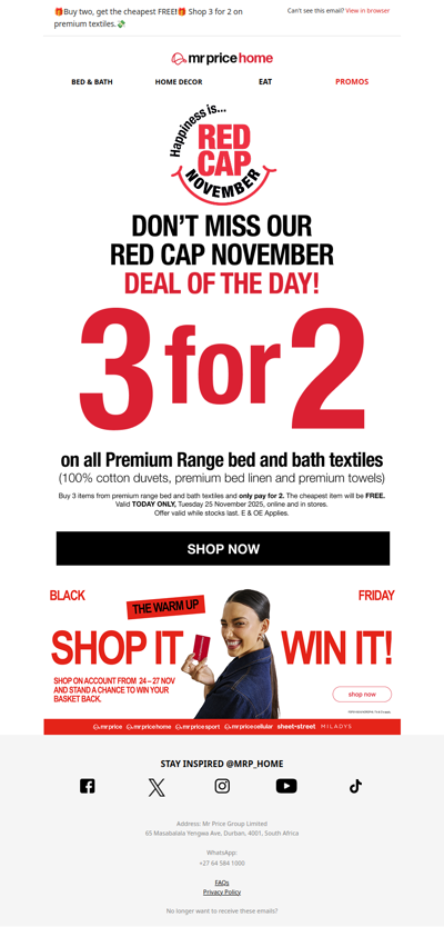 🚨 Red Cap Tuesday Alert 🚨 Get 3 for 2 on Premium Bed & Bath! Hurry, ends tonight!⌛