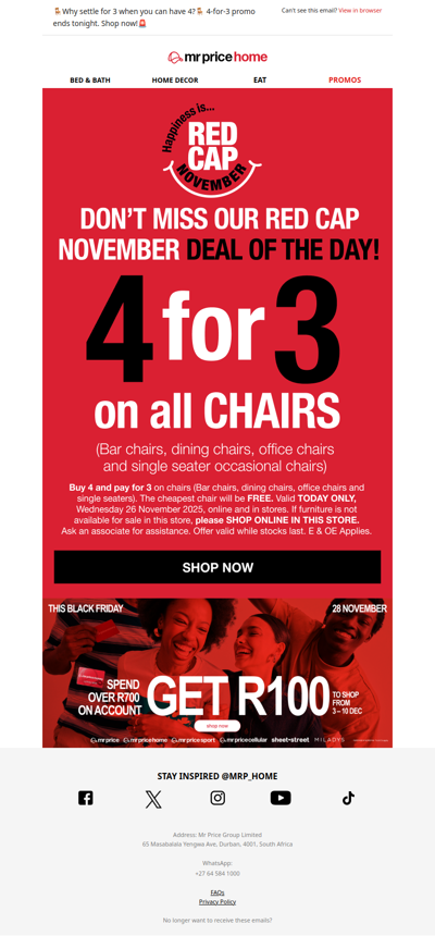 🪑The ultimate chair upgrade is here! Buy any 4 chairs—bar, dining, or occasional—and pay for 3🎉🪑