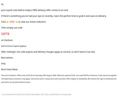 FREE delivery ends midnight