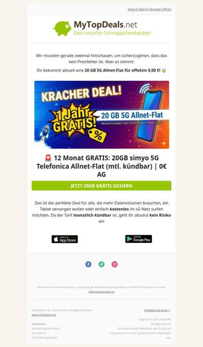 🚨 FEHLER? 20GB Allnet-Flat für 0,00€!