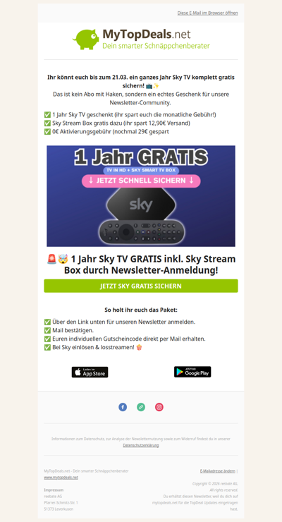 📺 1 Jahr Sky TV komplett GRATIS!