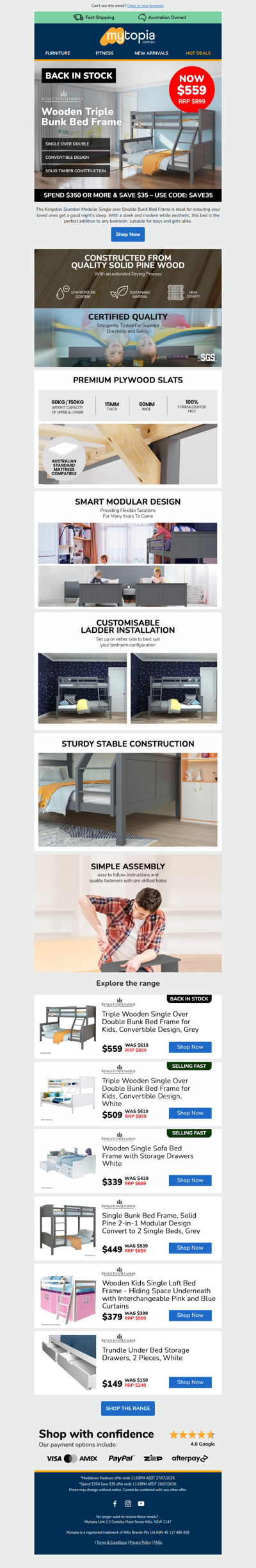 Restocked: Kingston Slumber Triple Bunk Bed 💤