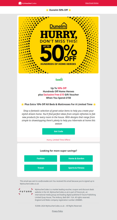 Dunelm 50% Off Plus Free £15 Gift Voucher