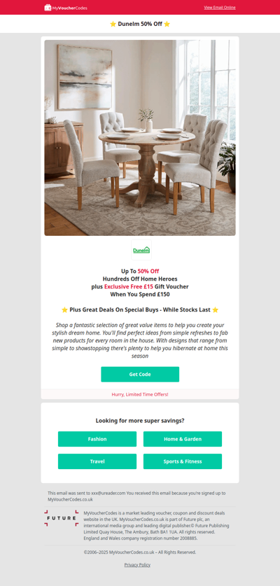 Dunelm 50% Off Plus Free £15 Gift Voucher