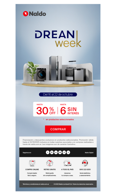 Heladeras, Lavarropas, Cocinas y más en ¡Drean Week! Hasta 6 cuotas sin interés y 30% Off 🚀