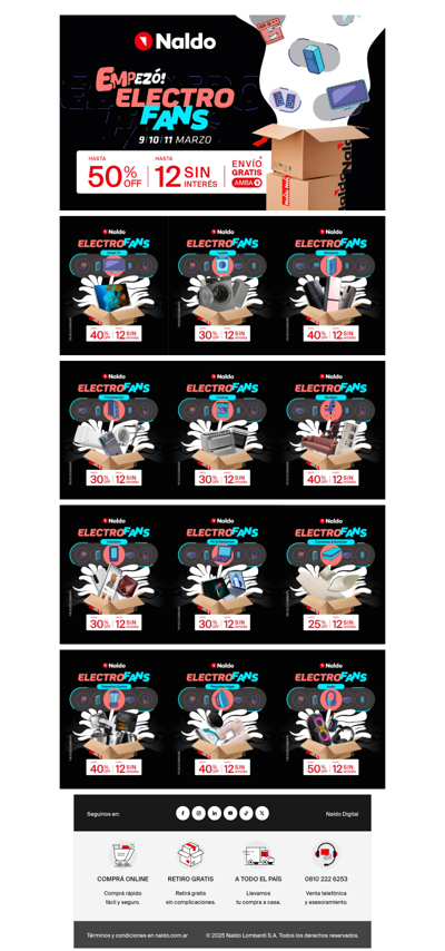 ⚡ ¡ElectroFans llegó a Naldo! Hasta 50% OFF en electro y 12 cuotas sin interés