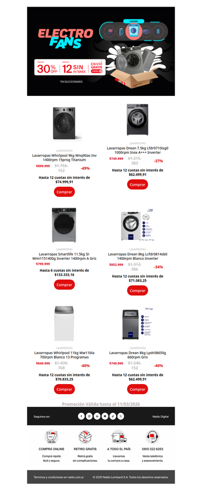 ⚡ ¡ElectroFans llegó a Naldo! Hasta 50% OFF en Lavarropas!