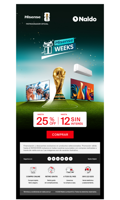 ¡Hasta 𝟭𝟮 𝗰𝘂𝗼𝘁𝗮𝘀 𝘀𝗶𝗻 𝗶𝗻𝘁𝗲𝗿𝗲́𝘀 𝘆 𝟮𝟱% en Aires y TVs! Es la hora de 𝗛𝗶𝘀𝗲𝗻𝘀𝗲 𝗪𝗲𝗲𝗸, aprovechala🤩