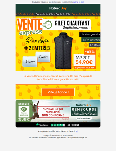 Vente Express - Gilet chauffant + 2 batteries à 54,90€