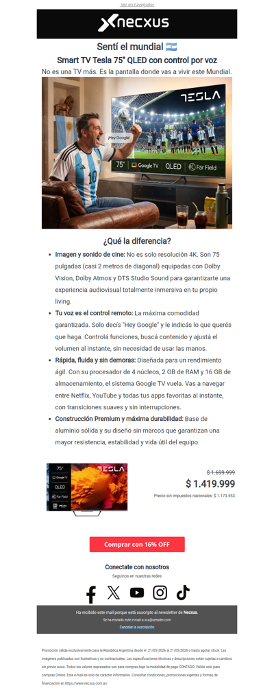 16% OFF en la Smart TV Tesla de 75