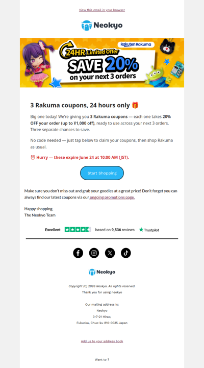 Neokyo - 3 Rakuma Coupons, 24h Only
