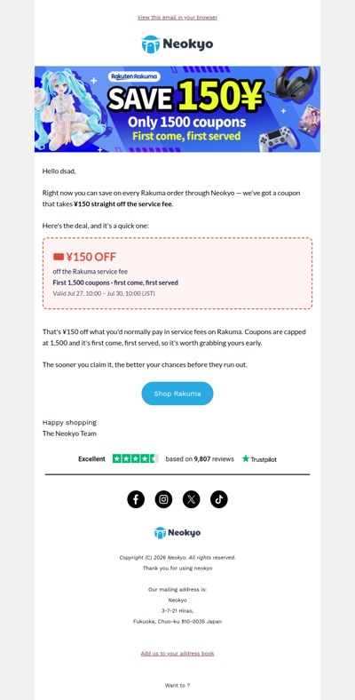 Neokyo – ¥150 OFF Rakuma service fees this weekend