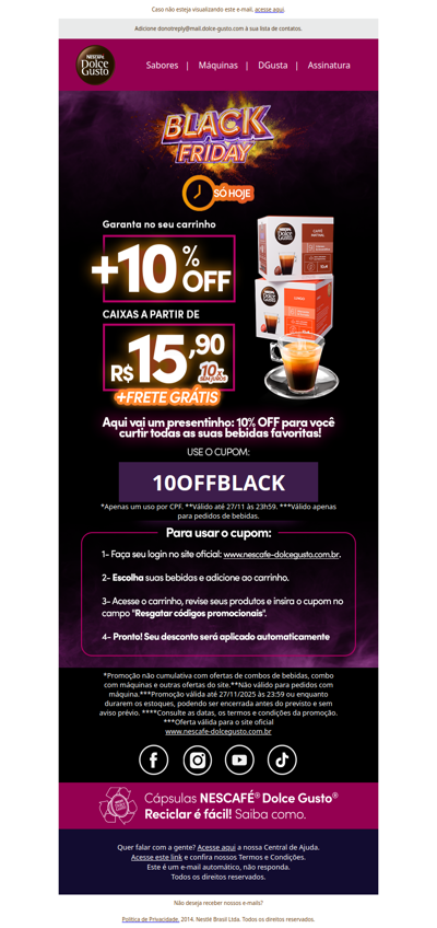 ⚡CUPOM RELÂMPAGO: +10%OFF no seu primeiro pedidos em bebidas!