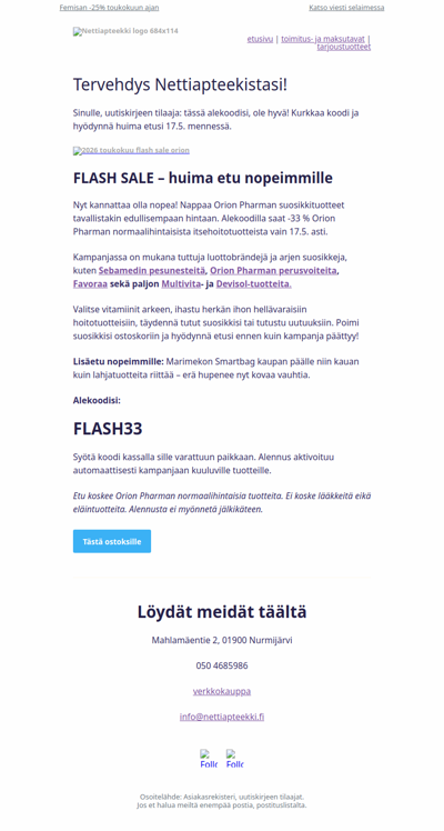 FLASH SALE: Orion Pharma -33 % alekoodilla & lahjatuote nopeimmille