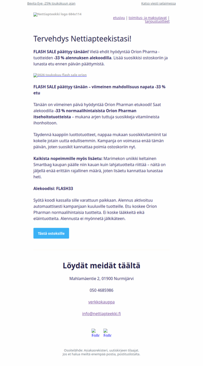 FLASH SALE päättyy tänään – Orion Pharma -33 % alekoodilla