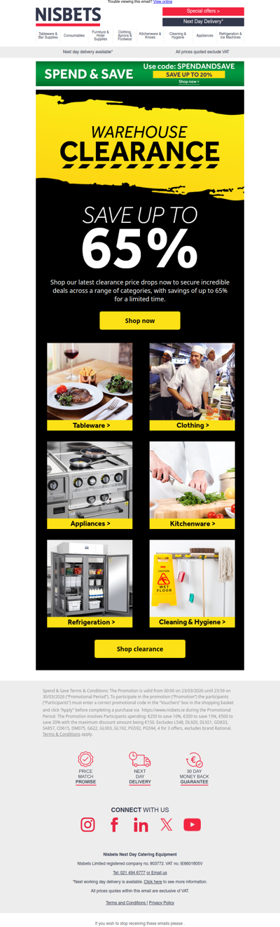 Warehouse clearance – up to 65% off