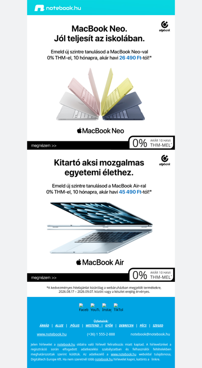 MacBook Neo és MacBook Air 0% THM-mel – készülj az új tanévre!