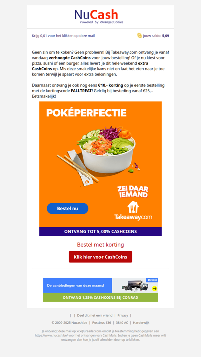 ACTIE! Verhoogde CashCoins + €10,- korting bij Takeaway.com!