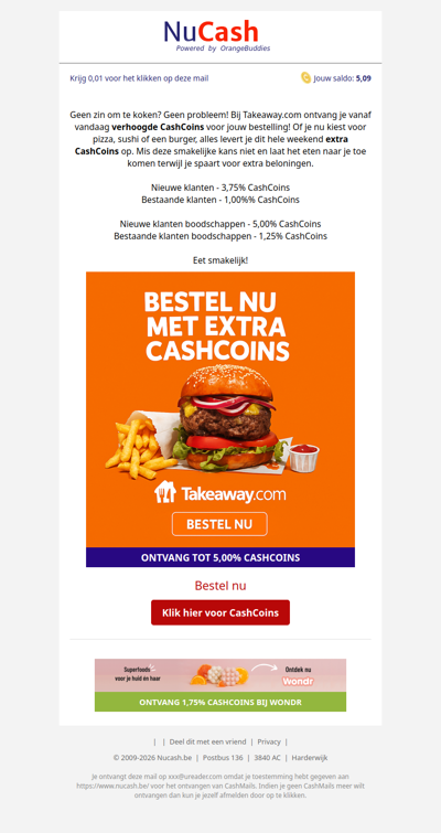 ACTIE! Verhoogde CashCoins bij Takeaway.com!