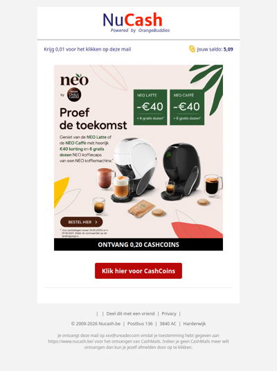 Geniet van jouw favoriete koffie met €40 korting én 5 gratis dozen NEO cups.