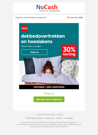 30% korting op dekbedovertrekken & hoeslakens bij HEMA