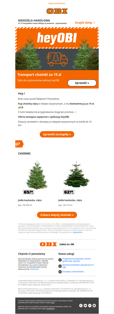 Transport choinki za 15 zł — tylko z aplikacją HeyOBI 🚚🎄